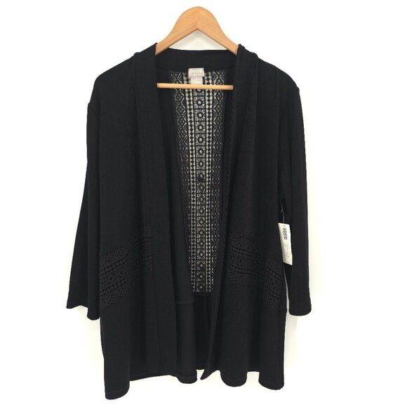 Chicos Travelers Lace Detail Cardigan Jacket Slinky Open Front Black NWT - Picture 2 of 16